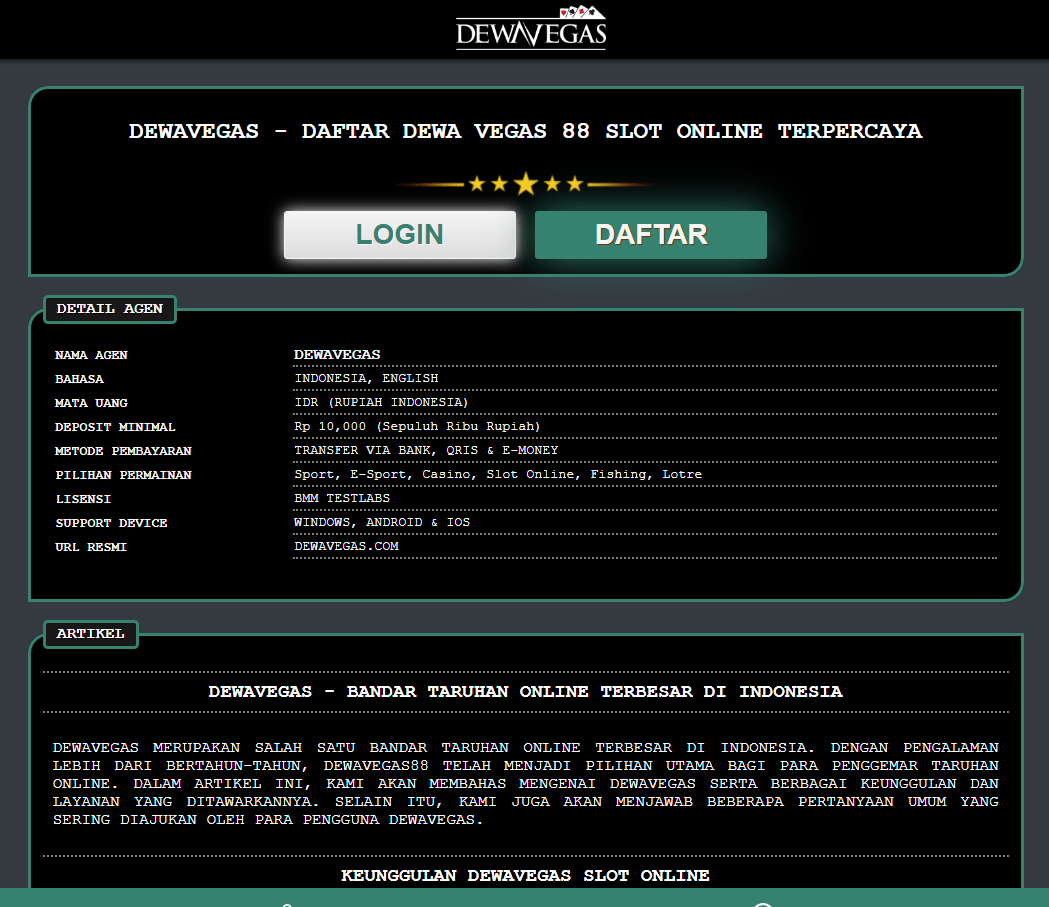 Dewa Vegas Situs Slot Online Di Lengkapi RTP Slot